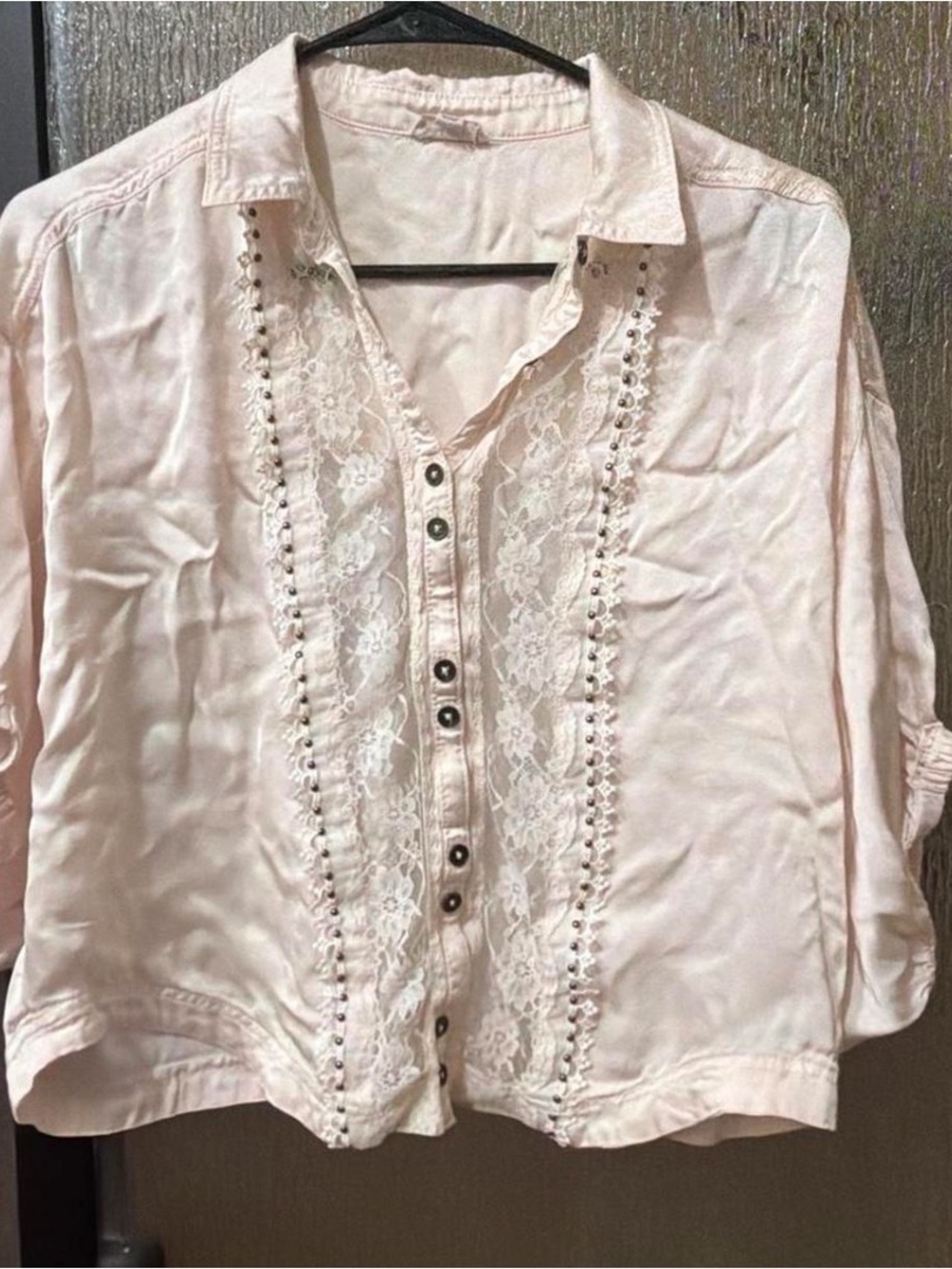 Pilcro Pale Pink Lace-Trim Button Down Shirt